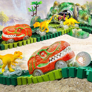 Dinosaurier-Rennbahn mit grüner Strecke, Fahrzeugen, Brücken und Dinosaurierfiguren