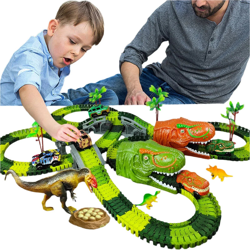 Dinosaurier-Rennbahn mit grüner Strecke, Fahrzeugen, Brücken und Dinosaurierfiguren