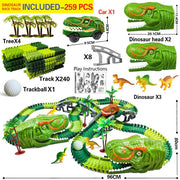 Dinosaurier-Rennbahn mit grüner Strecke, Fahrzeugen, Brücken und Dinosaurierfiguren