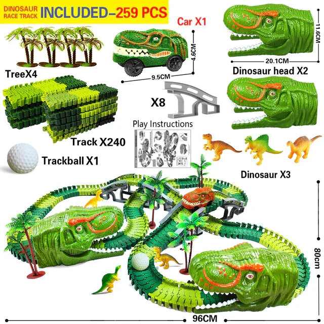 Dinosaurier-Rennbahn mit grüner Strecke, Fahrzeugen, Brücken und Dinosaurierfiguren