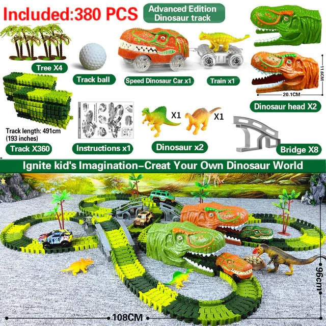 Dinosaurier-Rennbahn mit grüner Strecke, Fahrzeugen, Brücken und Dinosaurierfiguren