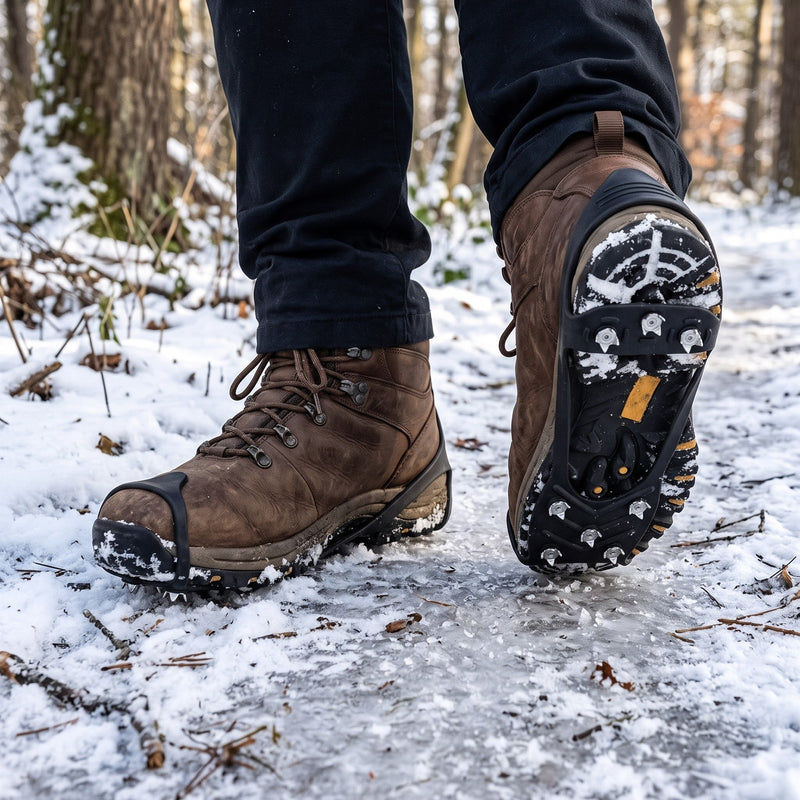 Schuh-Spikes über Winterschuhen auf Eis und Schnee