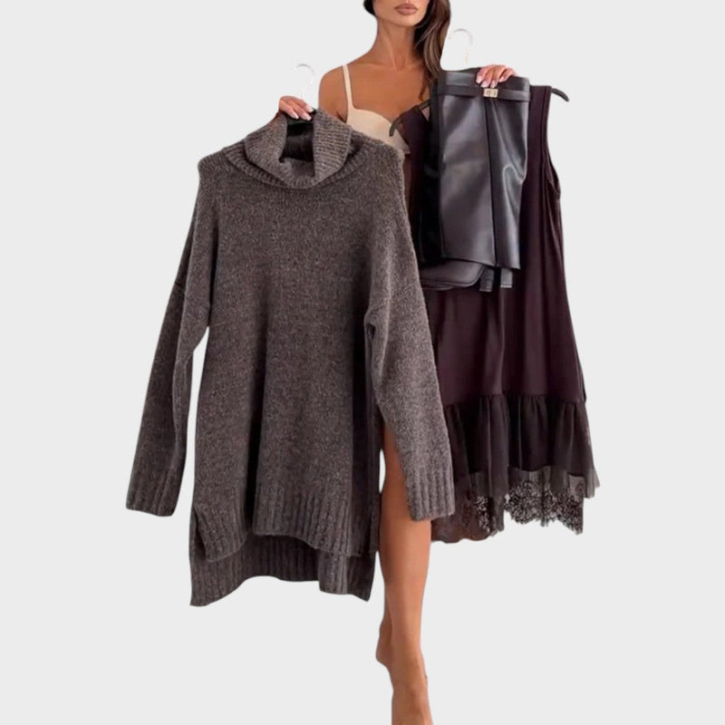 Oversize-Strickkleid mit Rollkragen und Spitzensaum