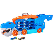 Blauer transformierbarer Dinosaurier-Truck mit roter Rennrampe und kleinen Spielzeugautos