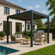 Rechteckige Pergola mit vier Pfosten und überdachtem Dach auf einer Gartenterrasse