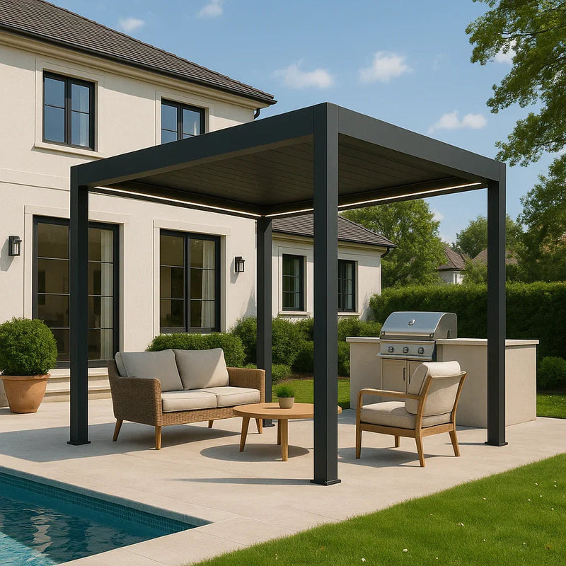 Rechteckige Pergola mit vier Pfosten und überdachtem Dach auf einer Gartenterrasse