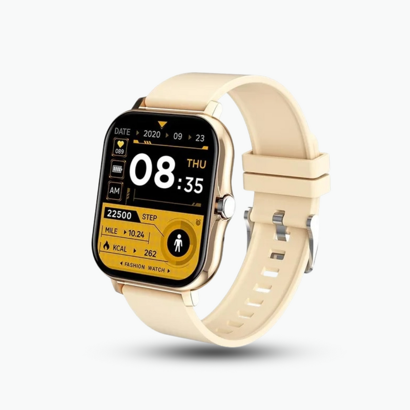Smartwatch mit rechteckigem Display und Armband für iOS und Android