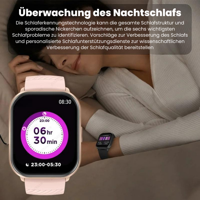 Smartwatch mit rechteckigem Display und Armband für iOS und Android