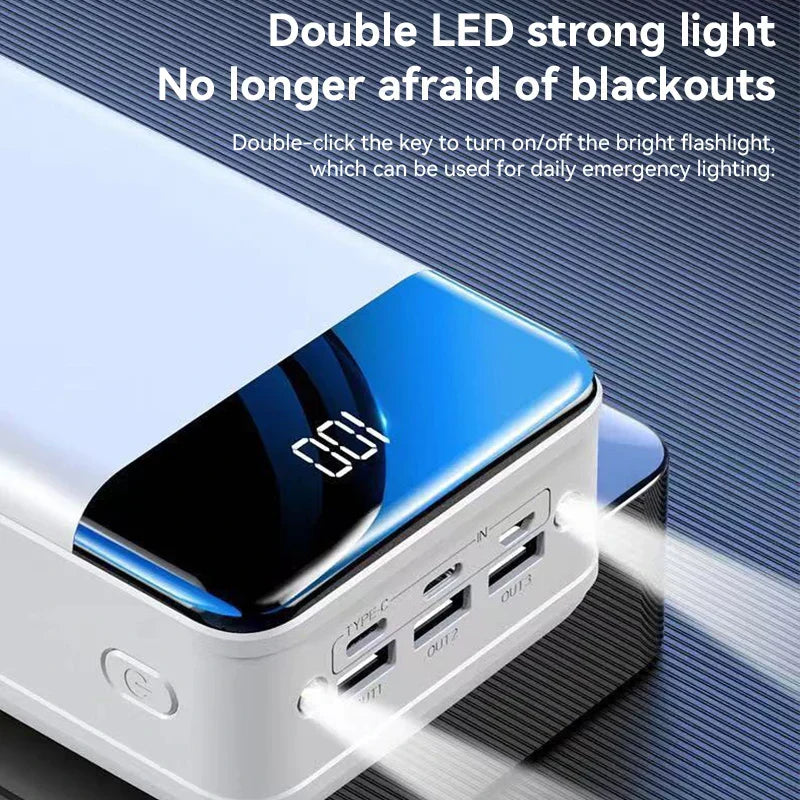 Powerbank mit Digitalanzeige und mehreren Anschlüssen für mobile Geräte