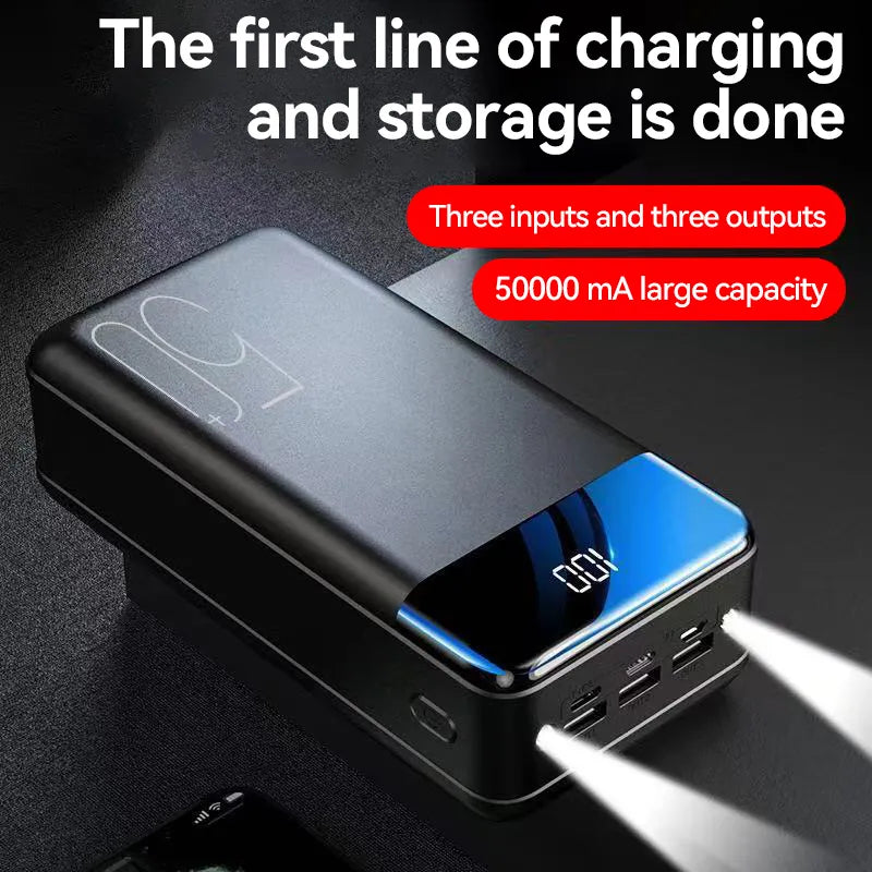 Powerbank mit Digitalanzeige und mehreren Anschlüssen für mobile Geräte