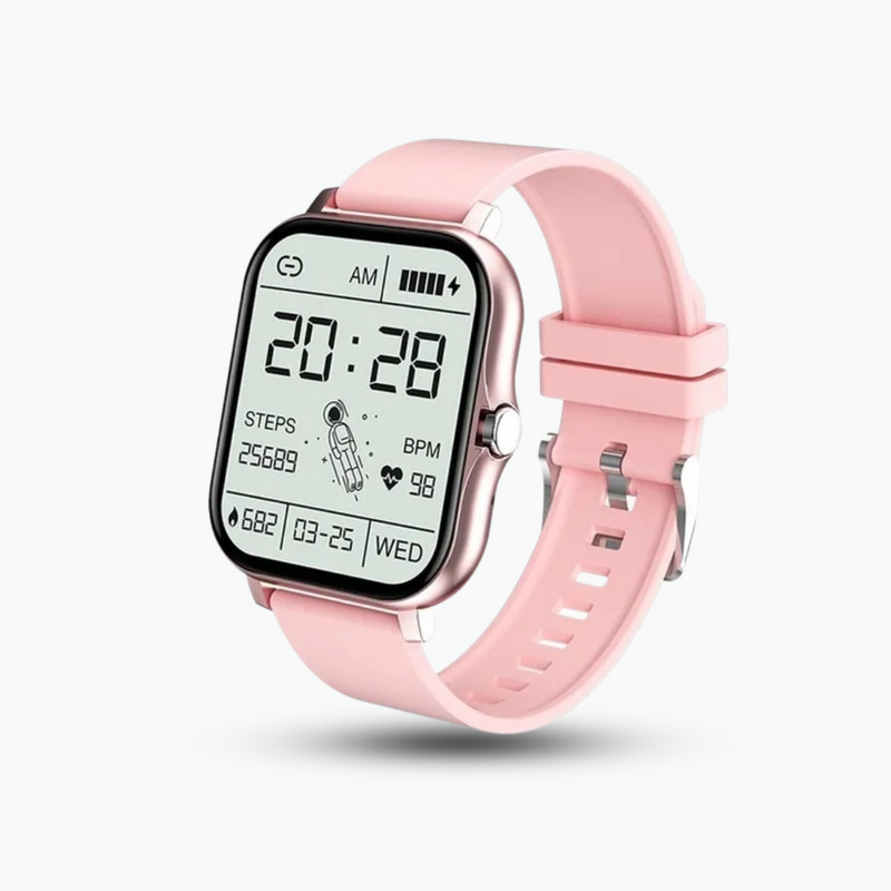 Smartwatch mit rechteckigem Display und Armband für iOS und Android