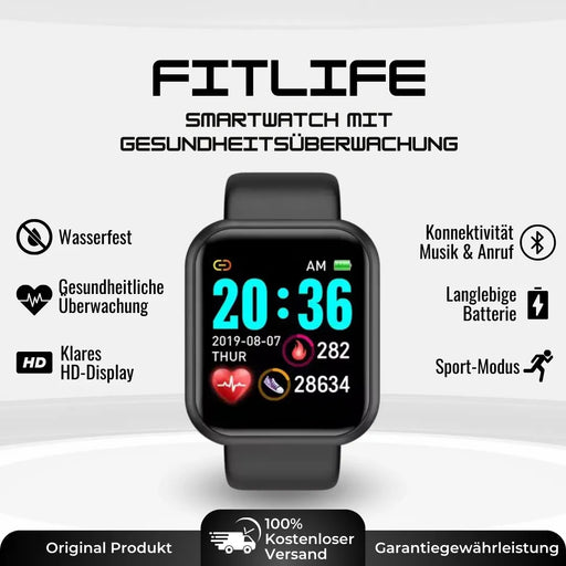 Fitnessuhr mit rechteckigem HD-Display, Armband und Gesundheitsanzeigen