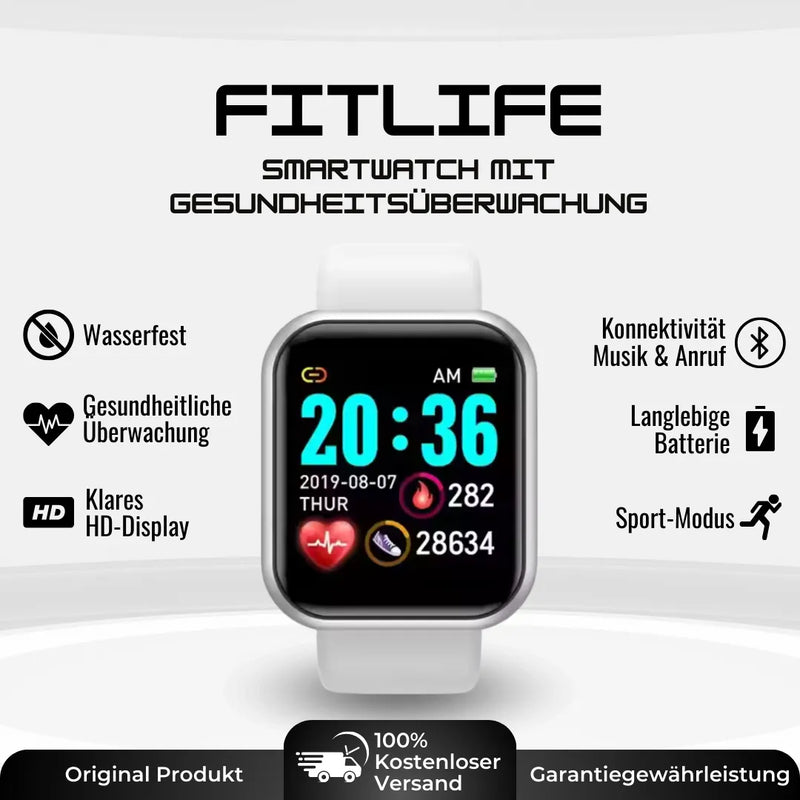 Fitnessuhr mit rechteckigem HD-Display, Armband und Gesundheitsanzeigen