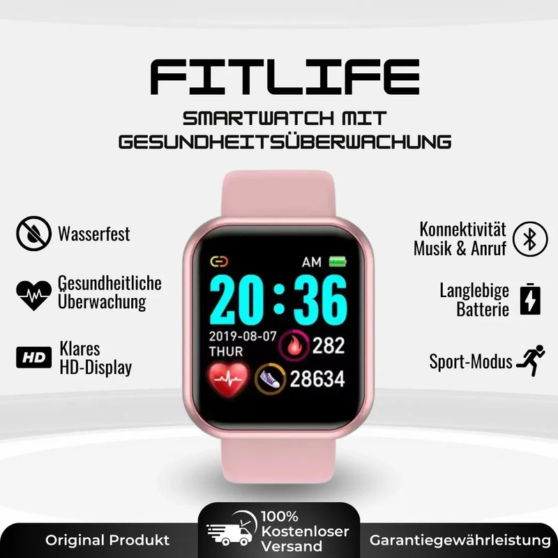 Fitnessuhr mit rechteckigem HD-Display, Armband und Gesundheitsanzeigen