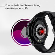 Schwarze Smartwatch mit rundem Farbdisplay und SOS-Funktion