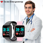Fitnessuhr mit rechteckigem HD-Display, Armband und Gesundheitsanzeigen