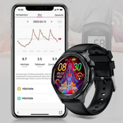 Schwarze Smartwatch mit rundem Farbdisplay und SOS-Funktion