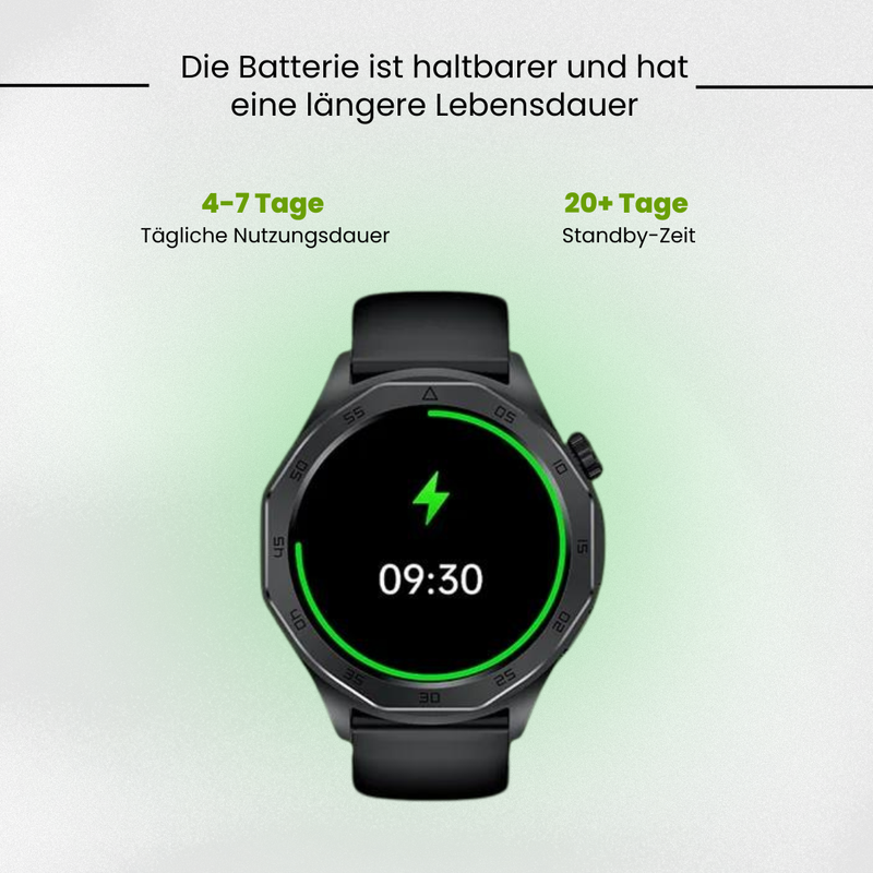 Schwarze Smartwatch mit rundem Farbdisplay und SOS-Funktion