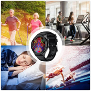 Schwarze Smartwatch mit rundem Farbdisplay und SOS-Funktion