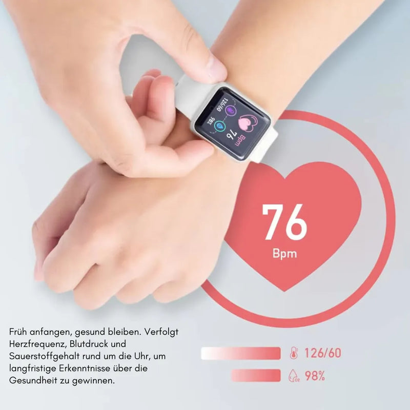 Fitnessuhr mit rechteckigem HD-Display, Armband und Gesundheitsanzeigen