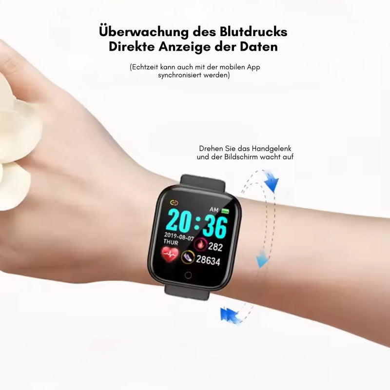 Fitnessuhr mit rechteckigem HD-Display, Armband und Gesundheitsanzeigen