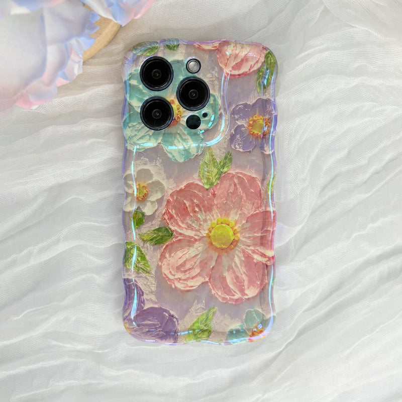 Transparente iPhone-Handyhülle mit buntem Blumenmuster und Kameraaussparungen