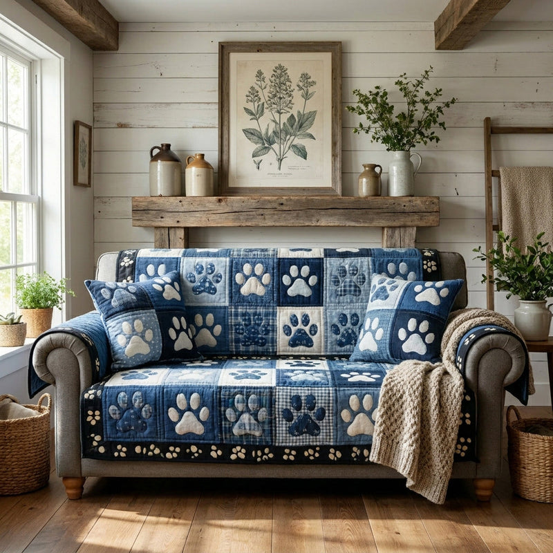 Blauer gesteppter Sofabezug mit Patchwork- und Pfotenmotiven