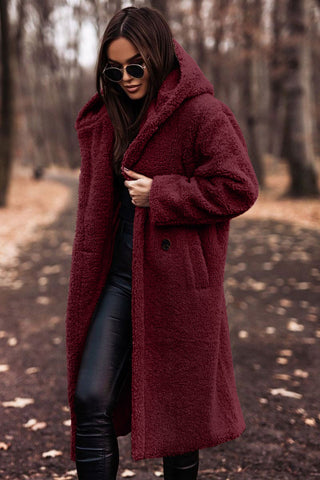 Lange Damen-Teddyjacke mit Kapuze