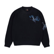 Marineblauer Strickpullover mit Vogel- und Landschaftsmotiv