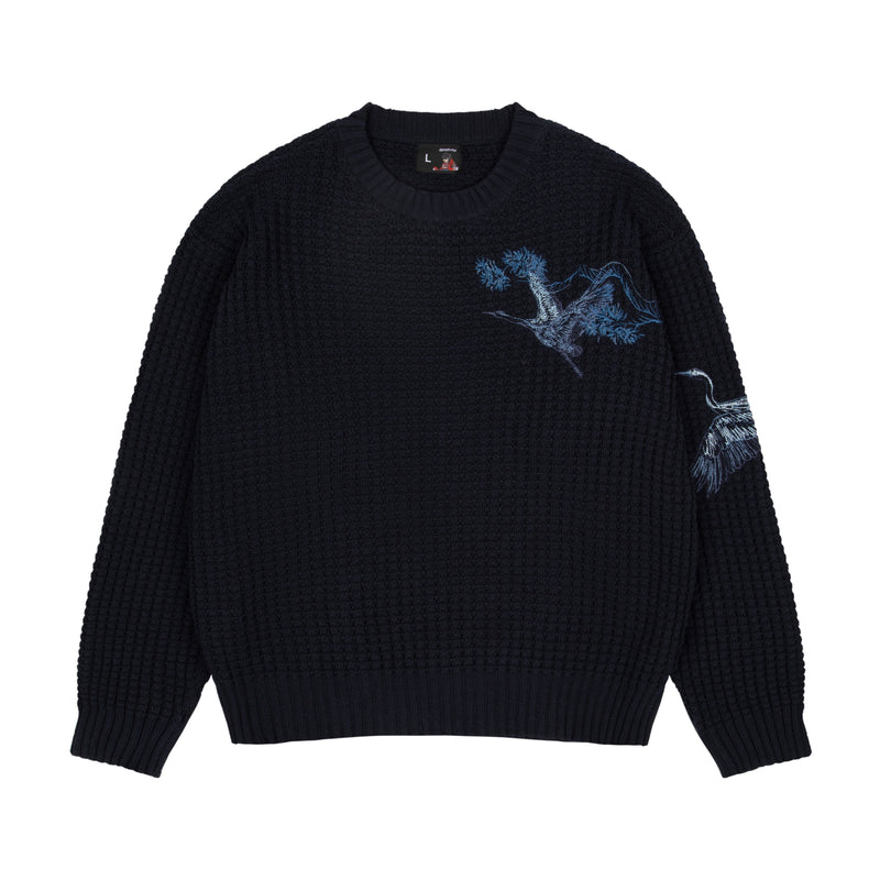 Marineblauer Strickpullover mit Vogel- und Landschaftsmotiv