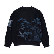 Marineblauer Strickpullover mit Vogel- und Landschaftsmotiv