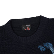 Marineblauer Strickpullover mit Vogel- und Landschaftsmotiv
