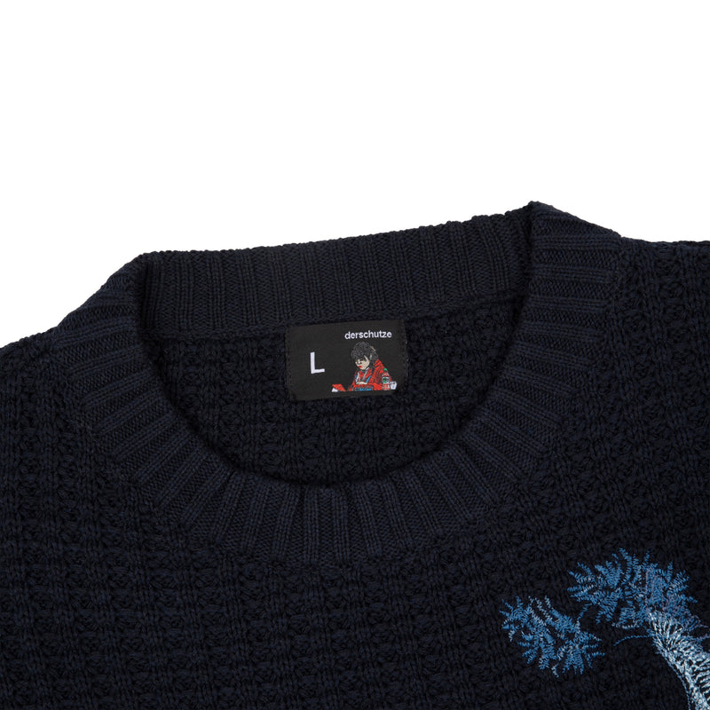 Marineblauer Strickpullover mit Vogel- und Landschaftsmotiv