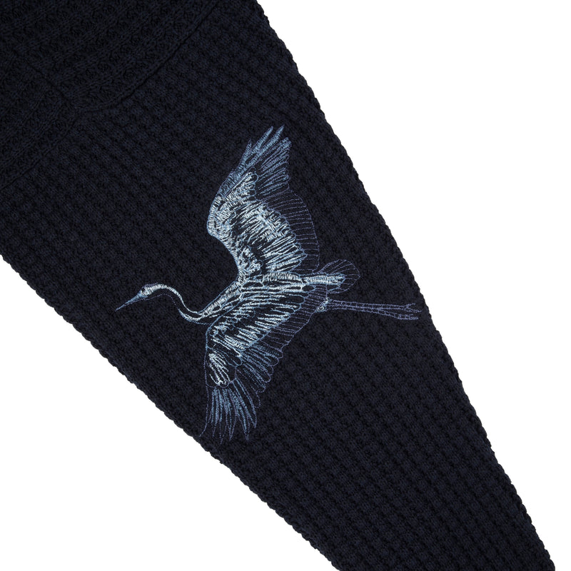 Marineblauer Strickpullover mit Vogel- und Landschaftsmotiv