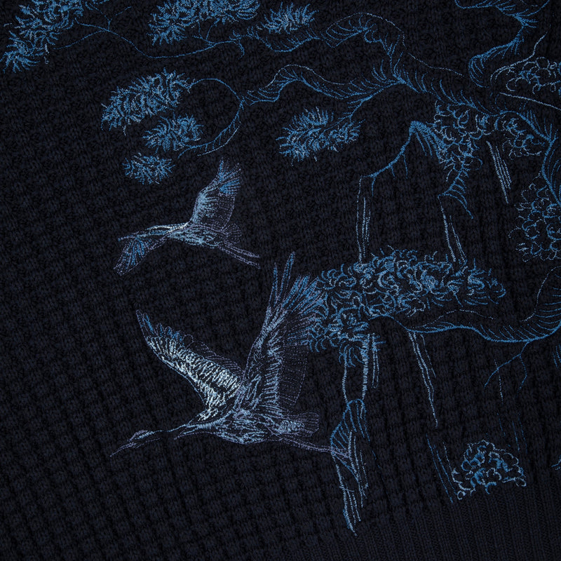 Marineblauer Strickpullover mit Vogel- und Landschaftsmotiv