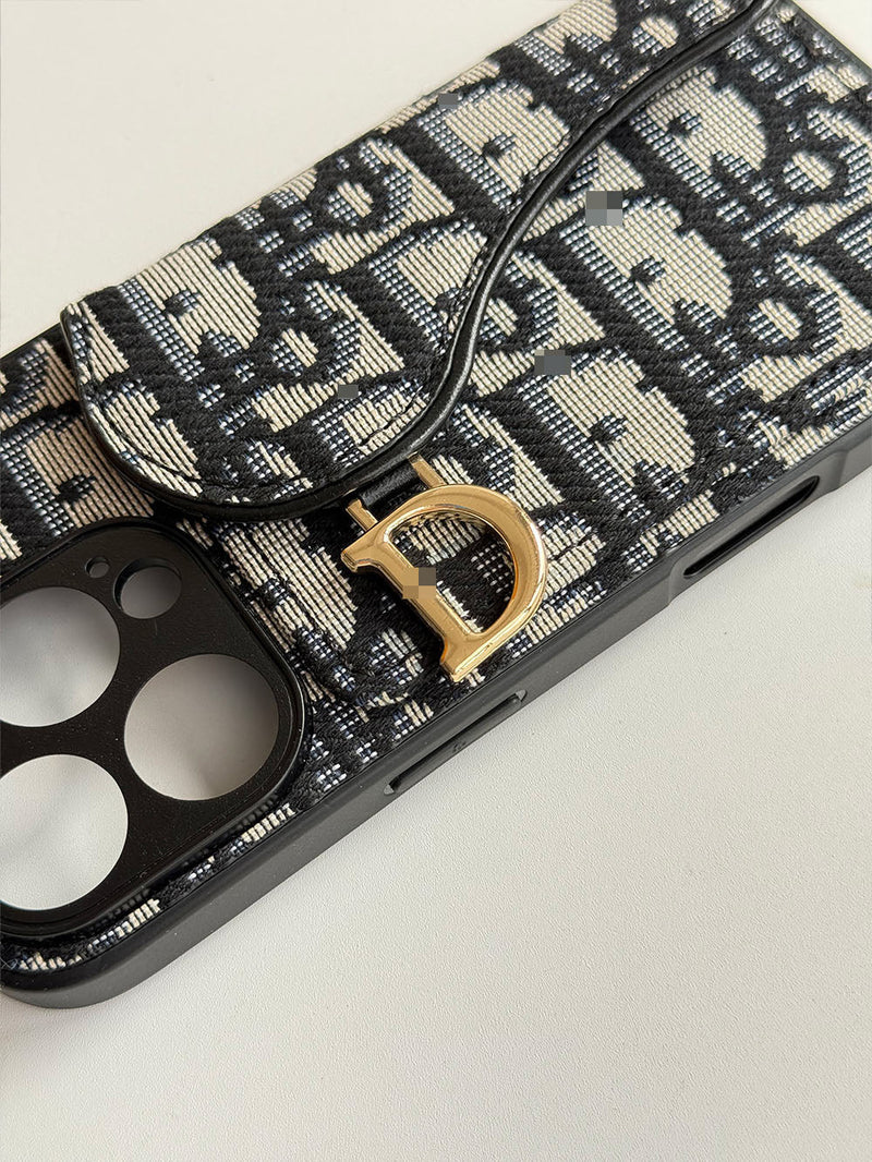 Schwarze Handyhülle mit Kartenfach, geometrischem Muster und goldfarbenem Ring