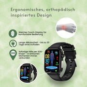 Smartwatch mit rechteckigem Touchdisplay, SOS-Funktion und verstellbarem Armband