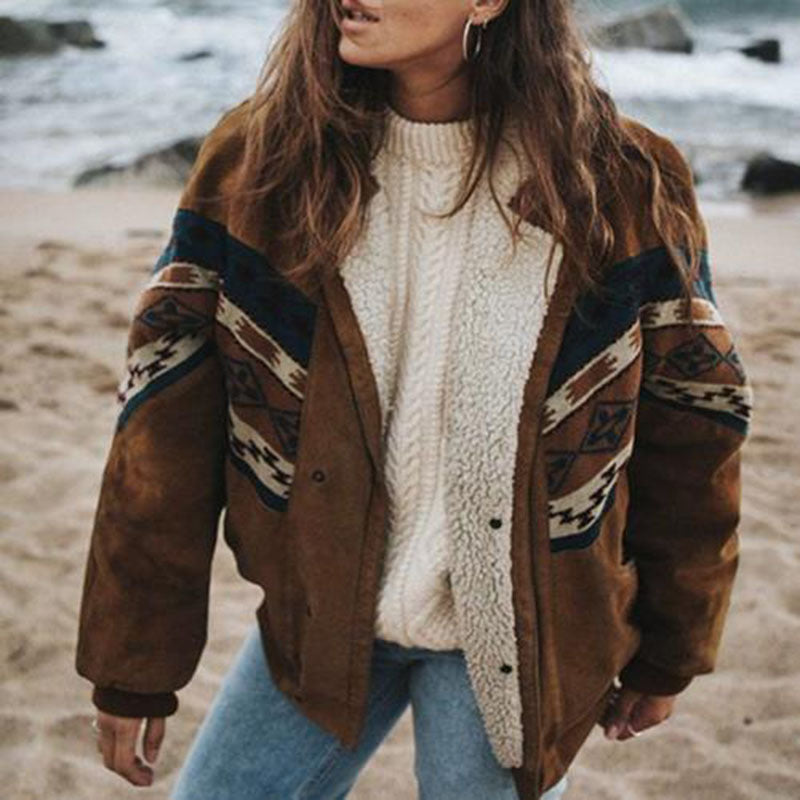 Warme Damen-Plüschjacke mit Retro-Muster