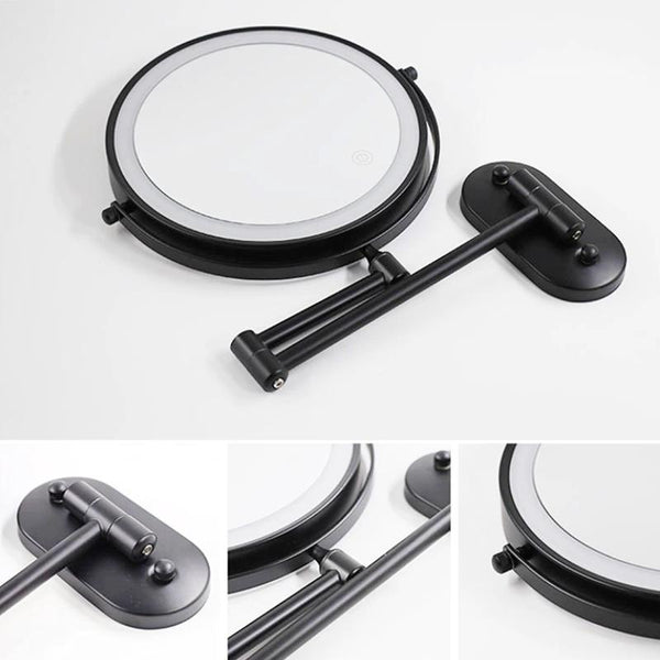 Schwarzer runder LED-Wandspiegel mit Schwenkarm und beleuchtetem Ring