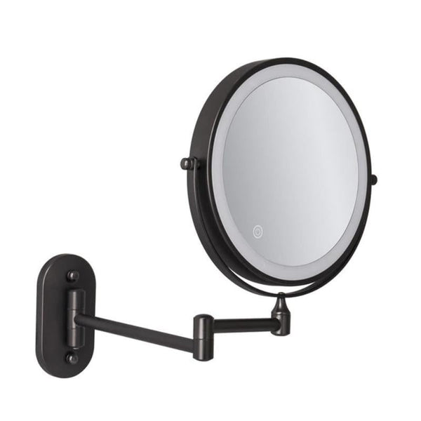 Schwarzer runder LED-Wandspiegel mit Schwenkarm und beleuchtetem Ring