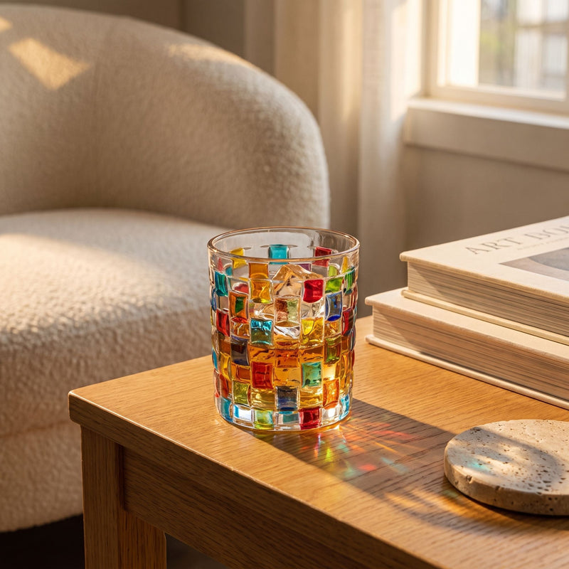 Transparentes Trinkglas mit bunter geometrischer Mosaikverzierung