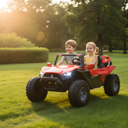 Roter Kinder-Elektrobuggy als Zweisitzer mit großen grobstolligen Reifen