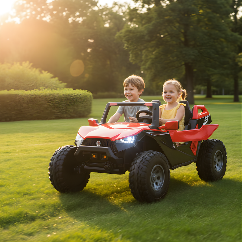 Roter Kinder-Elektrobuggy als Zweisitzer mit großen grobstolligen Reifen
