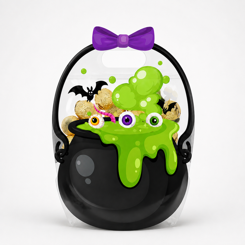 Halloween-Geschenktüten mit Reißverschluss, Griffen und dekorativen Kürbis- und Hexenkesselmotiven