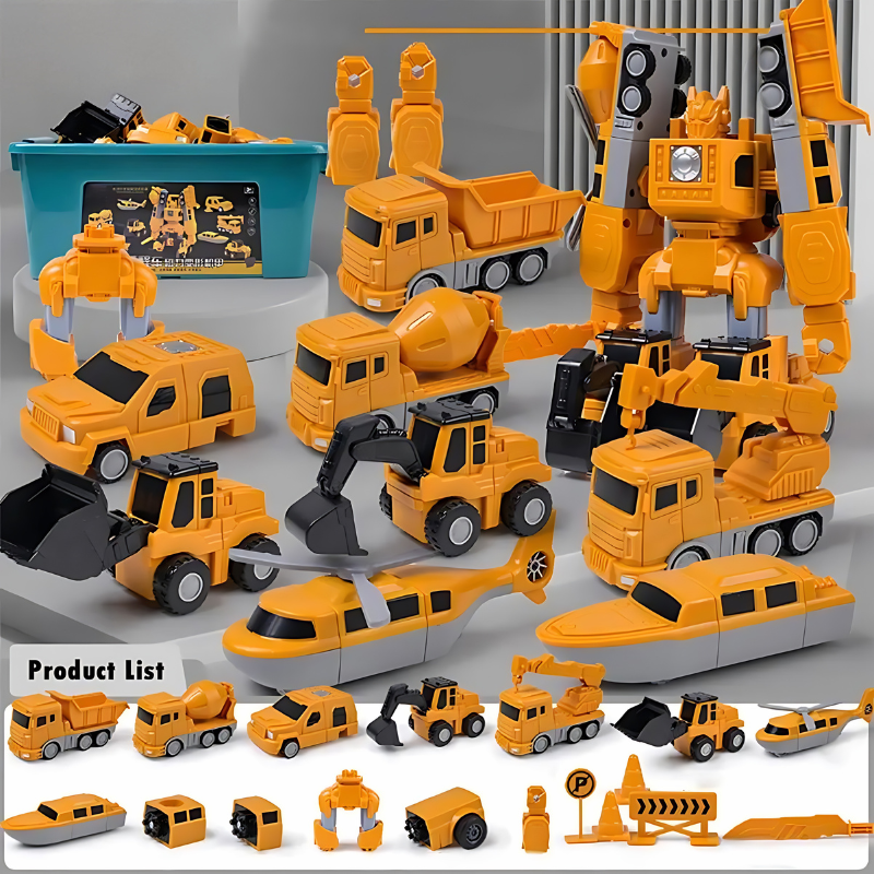 Baufahrzeuge, die sich zu einem großen Roboter verbinden