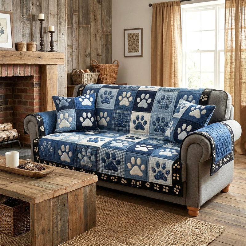 Blauer gesteppter Sofabezug mit Patchwork- und Pfotenmotiven