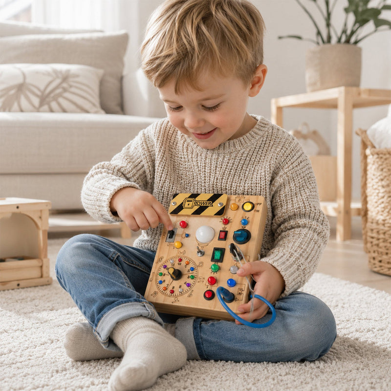 Busy Board aus Holz mit Lichtern, Schaltern und Knöpfen