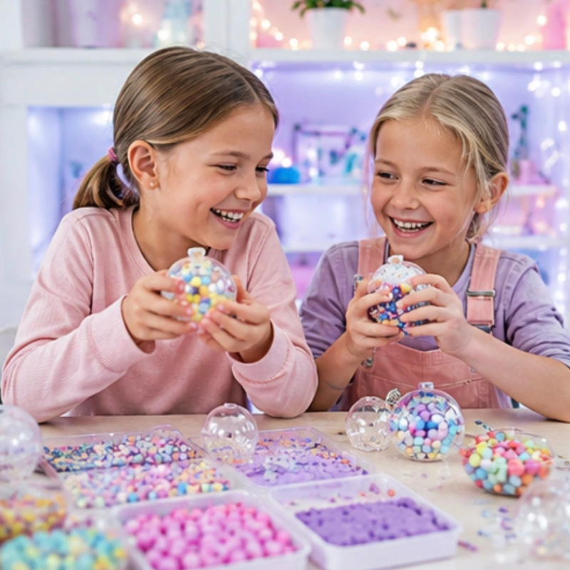 Bastelset mit transparenten Kugelformen und bunten Dekoteilen für Squishies