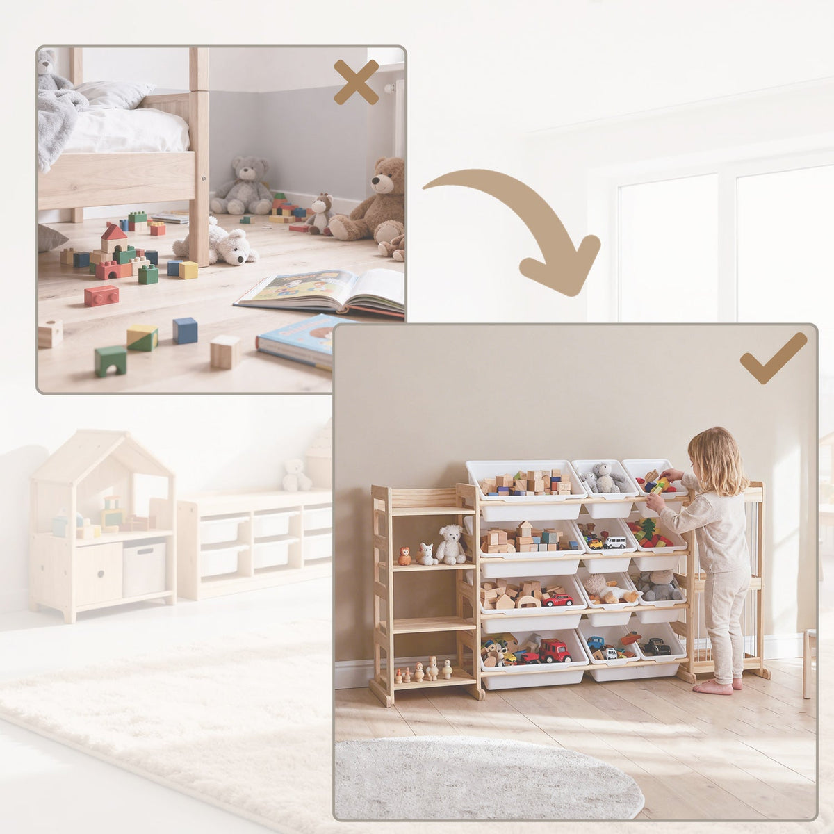 Spielzeugregal mit Boxen, Bücherfach und Netzfach