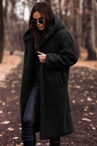 Lange Damen-Teddyjacke mit Kapuze